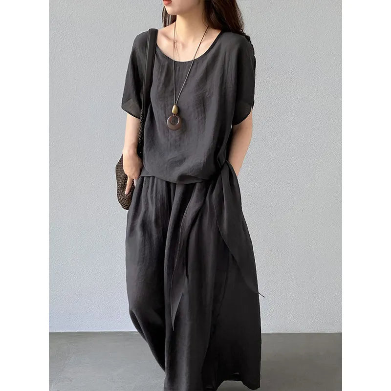 Batwing Sleeve Loose Shirt Wide Leg Long Pants 2 Piece Linen Blend Casual Set