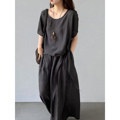 Batwing Sleeve Loose Shirt Wide Leg Long Pants 2 Piece Linen Blend Casual Set