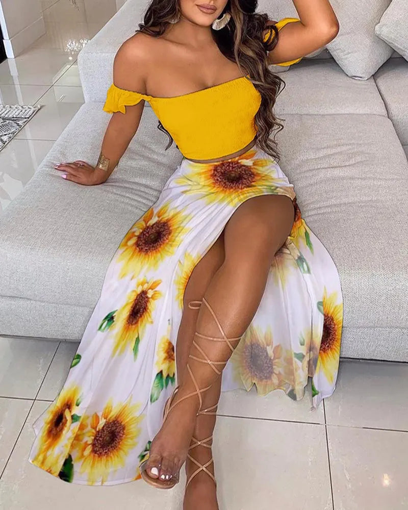 Off Shoulder Ruffle Crop Top & Floral Print High Slit Maxi Skirt 2 Piece Outfit Set