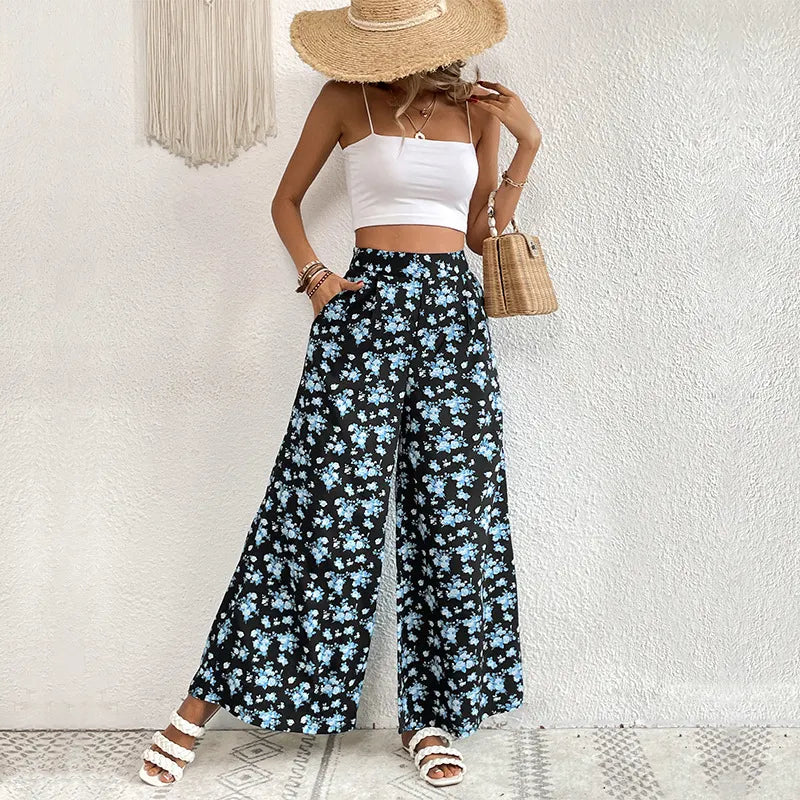 High Waist Floral Print Wide Leg Casual Pants
