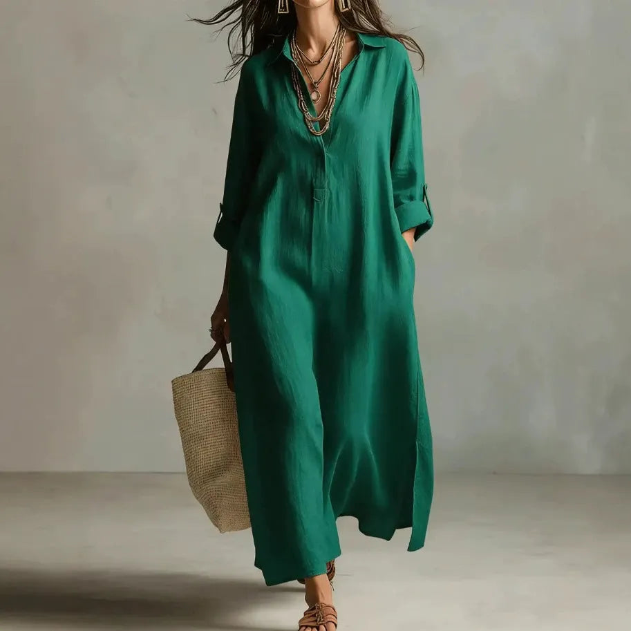 Shirt Collar Seven-Quarter Sleeve Loose Cotton Linen A-Line Maxi Shirt Dress