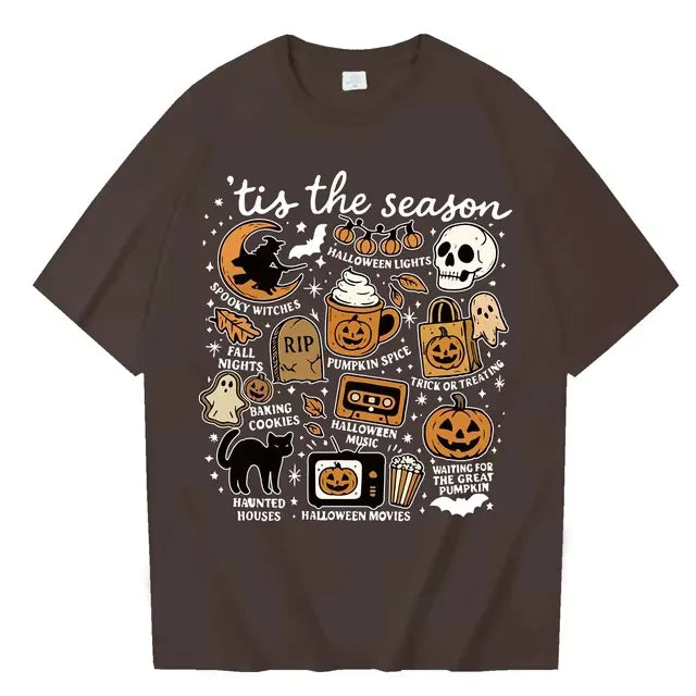 Halloween Retro Letter Graphic Crew Neck Short Sleeve T‑Shirt