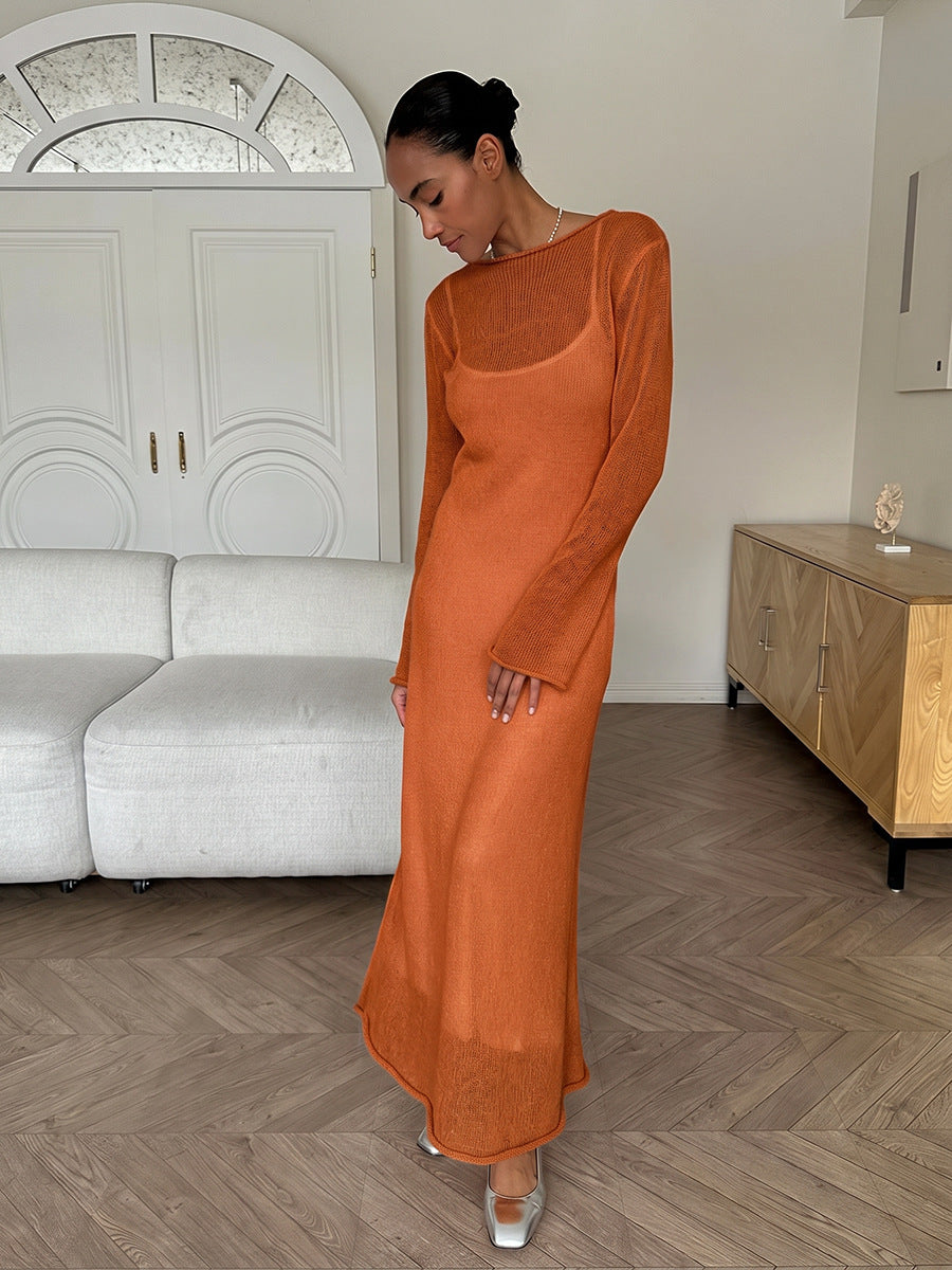 Light Pink Semi Sheer Knit Dress, Ladies Crew Neck Flared Sleeve Elegant Long Knit Midi Dress