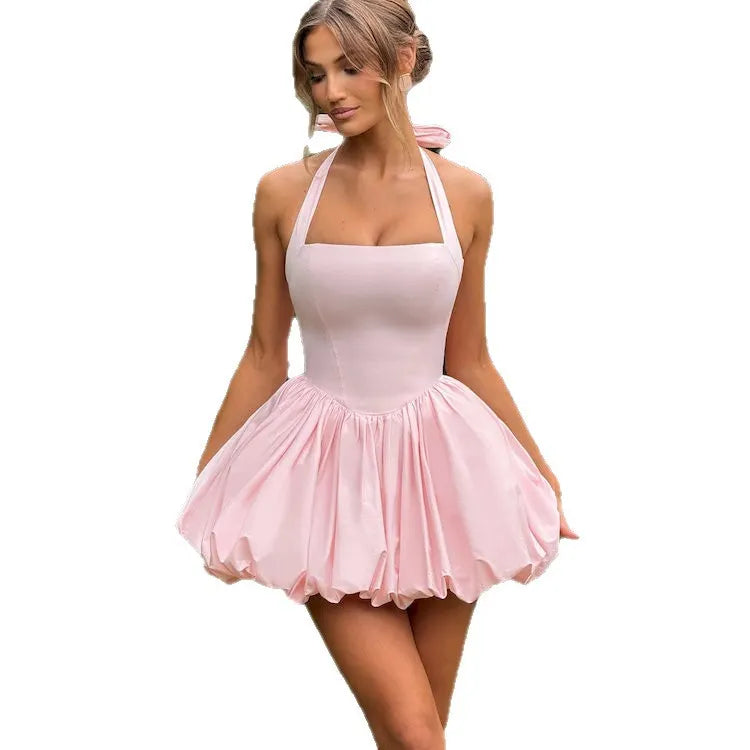White Polka Dot Halter Neck Bubble Mini Dress