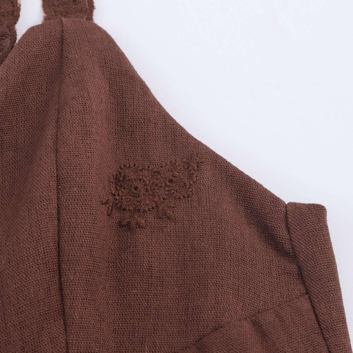 Dark Brown Embroidered Tie-Strap A-Line Mini Dress