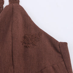 Dark Brown Embroidered Tie-Strap A-Line Mini Dress