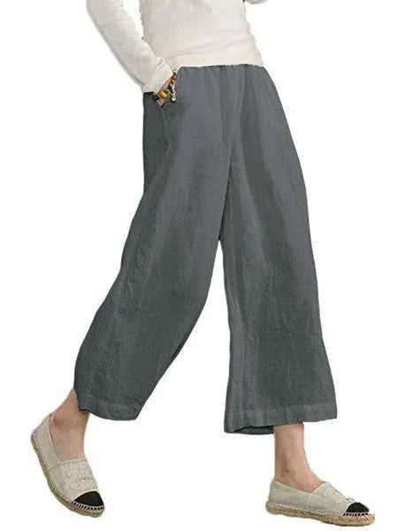 Navy Elastic High Waist Linen Cropped Wide Leg Pants