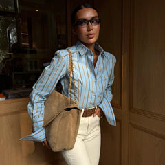 Blue Brown Vertical Stripe Button Down Shirt, Collared Long Sleeve Loose Blouse