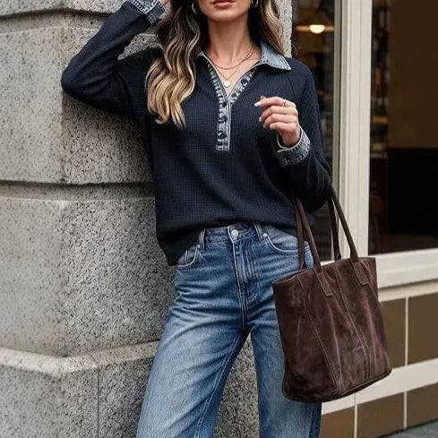 Contrast Denim Trim Half Button V-Neck Long Sleeve Blouse