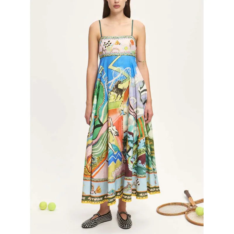Whimsical Art Print Spaghetti-Strap Maxi Dress