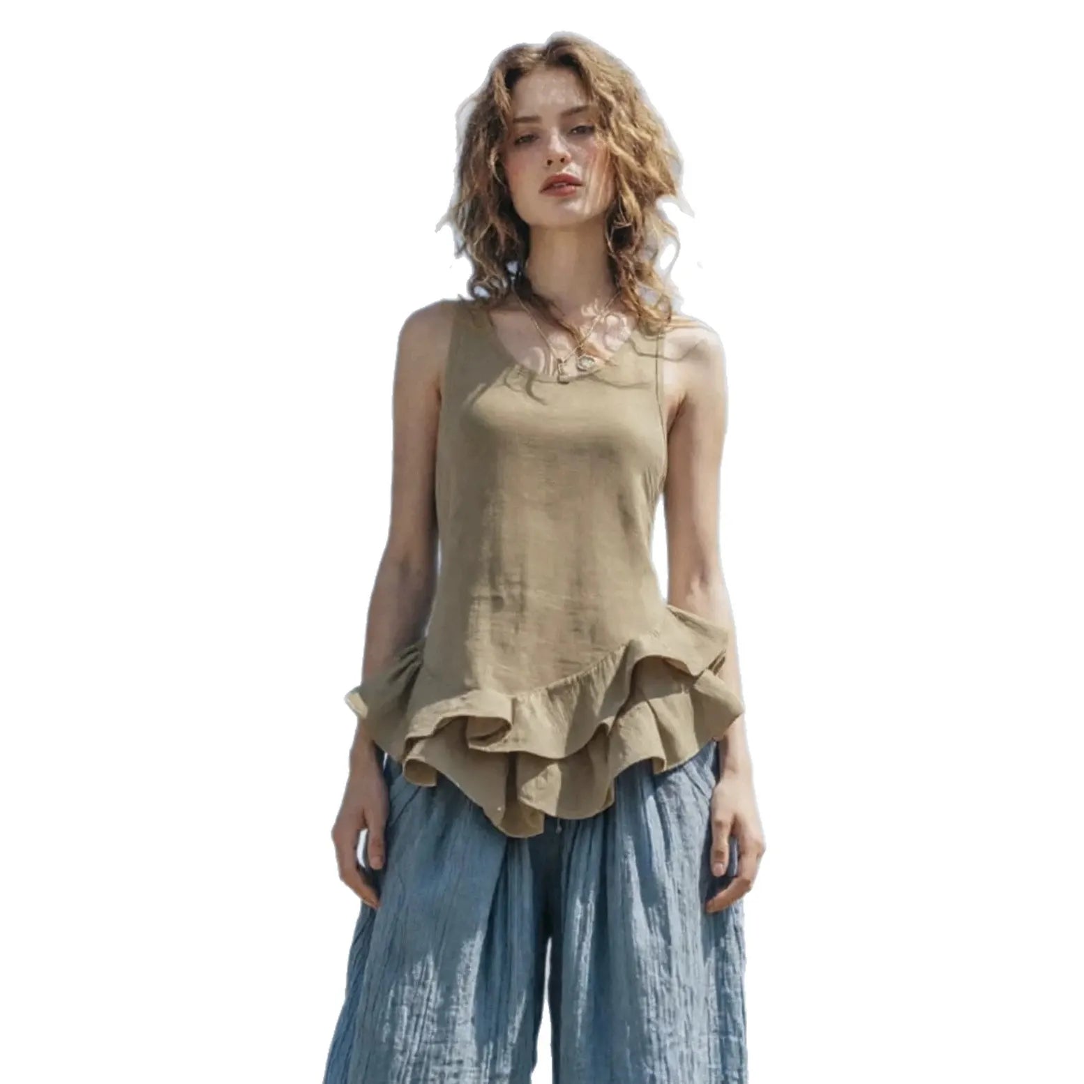 U-Neck Sleeveless Ruffle Hem Cotton Linen Tank Top
