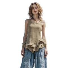 U-Neck Sleeveless Ruffle Hem Cotton Linen Tank Top