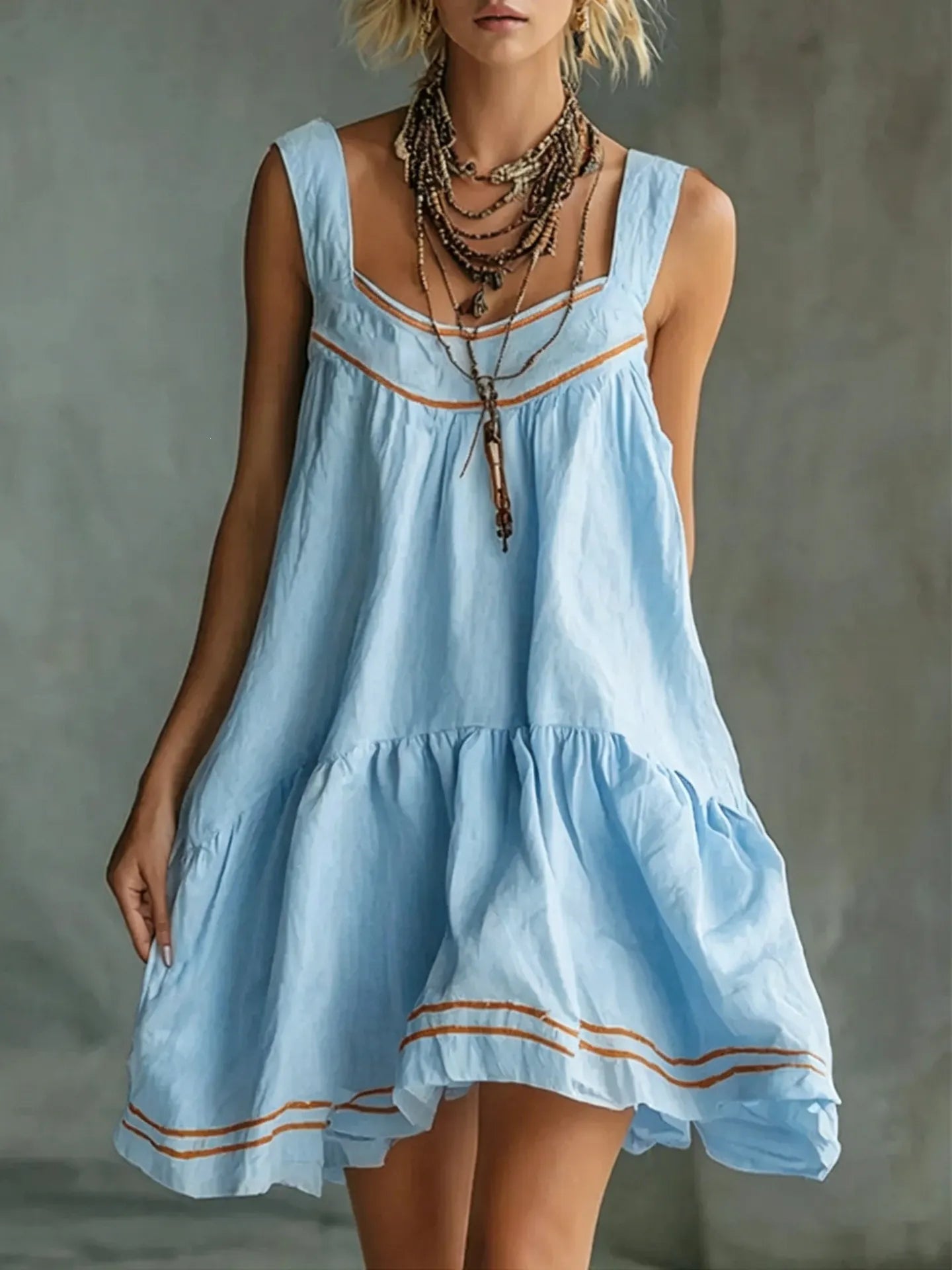 Color Stripe U-Neck Sleeveless Loose Tiered Ruffle Mini Sundress