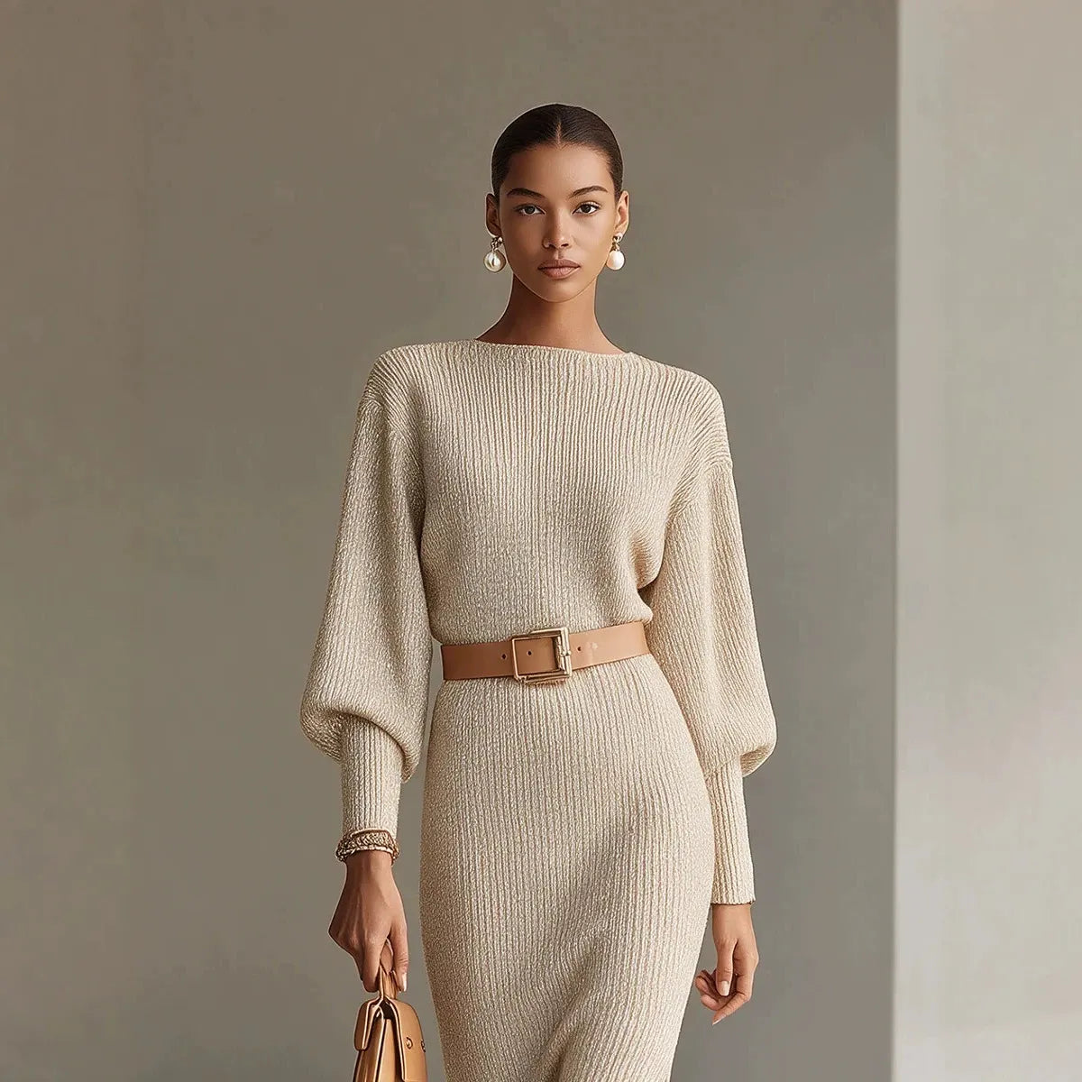 Boat Neck Batwing Sleeve Knit Midi Dress