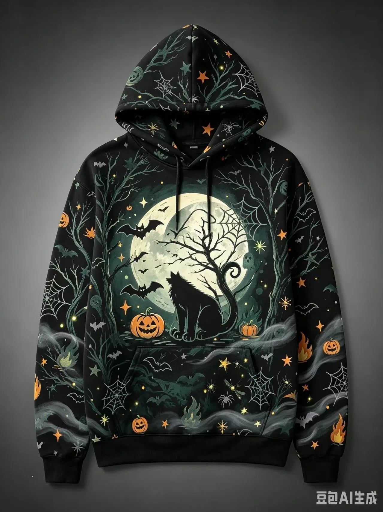 Halloween Black Cat Pumpkin Bat Moon Graphic Hoodie