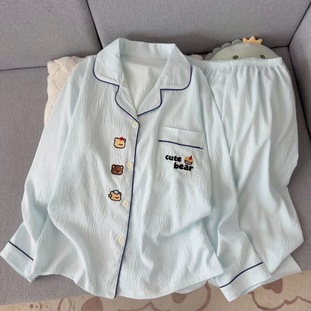 Light Blue Leopard Shirt & Pants 2 Piece Pajamas with Pocket Embroidery