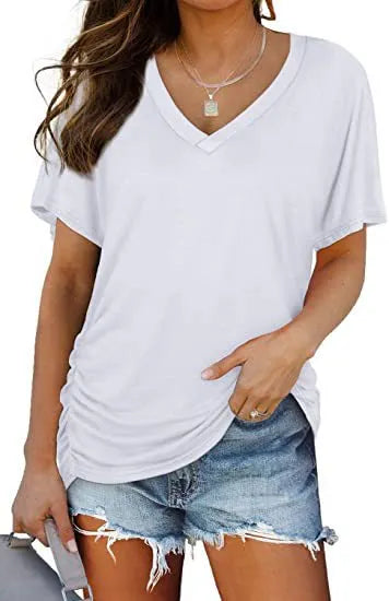 V-Neck Solid Color Loose Short Sleeve Rayon Blend Casual T-shirt
