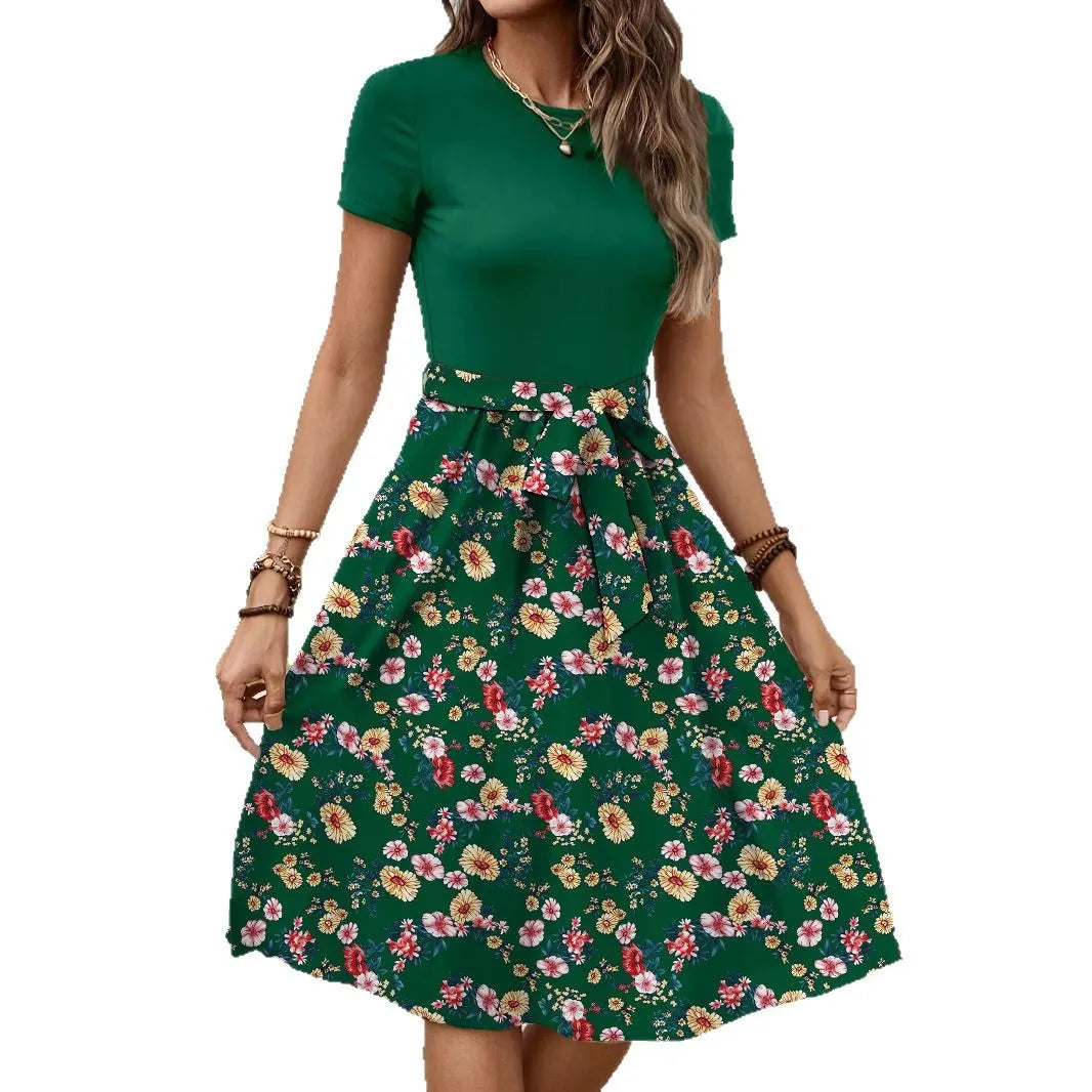 Color Block Floral Tie Waist A-Line Midi Dress Round Neck Short Sleeve Elegant Campus Daily Dress