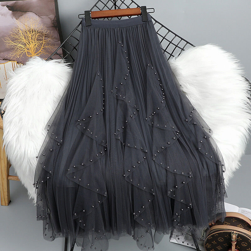 Pearl Beaded Asymmetrical Tulle Maxi Skirt