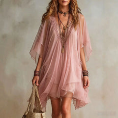 Deep V Neck Sheer Five-Quarter Sleeve Loose Irregular Hem Chiffon Mini Dress