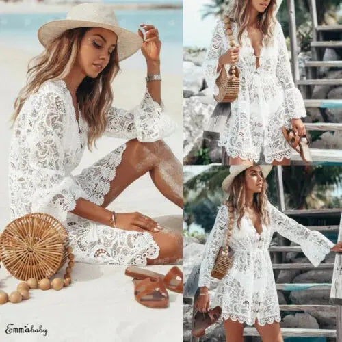 V-Neck Long Flare Sleeve Hollow Lace Drawstring Waist Cover-Up Romper Dress