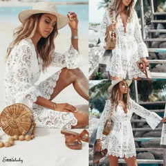 V-Neck Long Flare Sleeve Hollow Lace Drawstring Waist Cover-Up Romper Dress