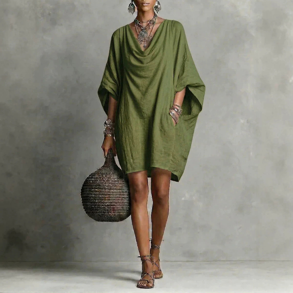 Dark Blue Cowl Neck Batwing Sleeve Midi Dress