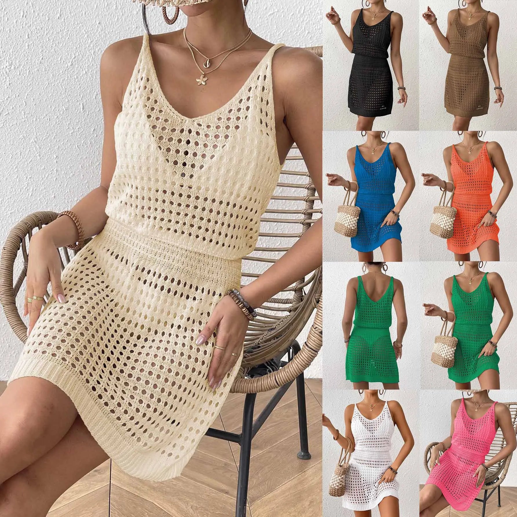 V-neck Hollow Crochet Knit Spaghetti Strap Beach Cover-up Dress