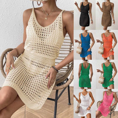 V-neck Hollow Crochet Knit Spaghetti Strap Beach Cover-up Dress