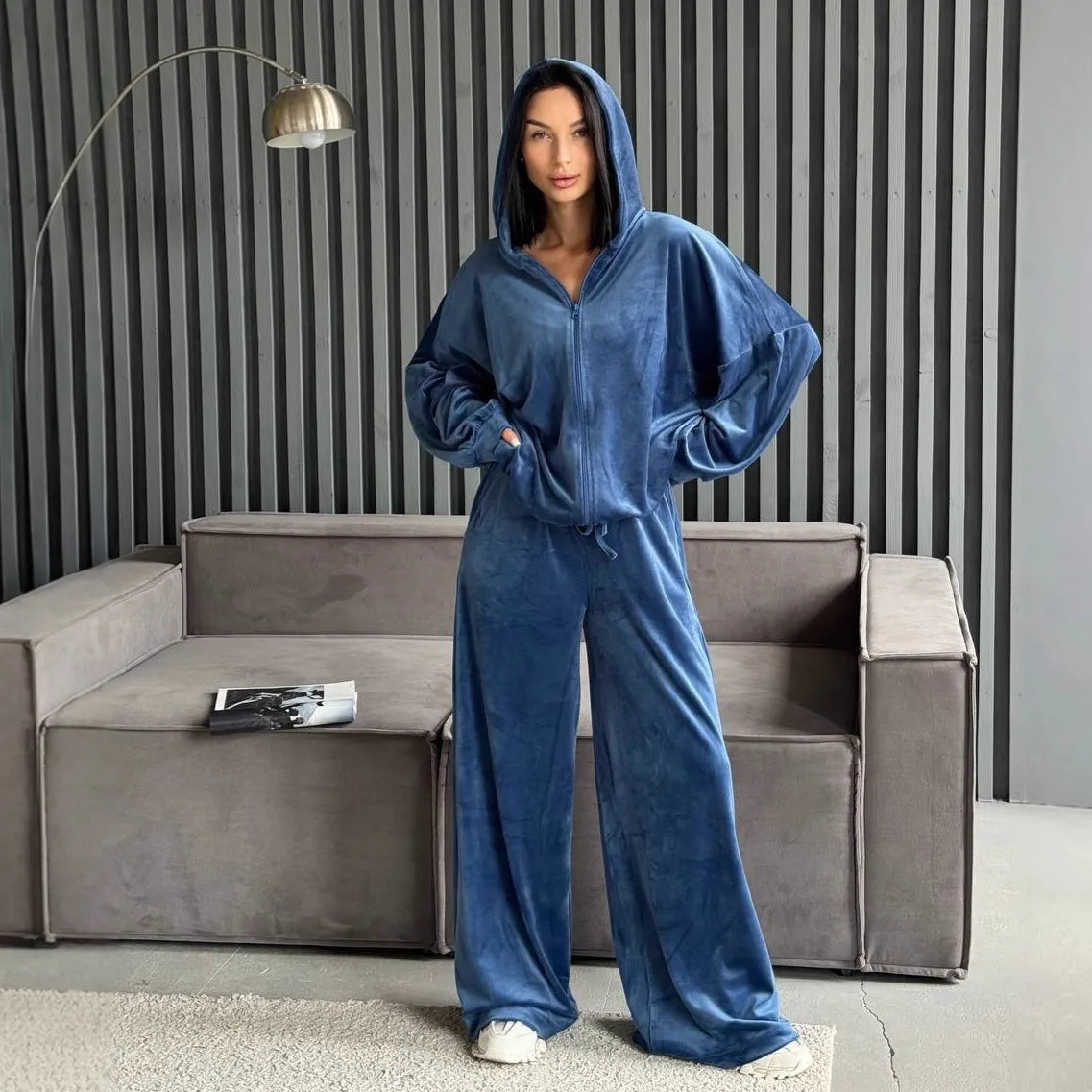 Solid Casual Long Sleeve Top & Wide Leg Pants Streetwear