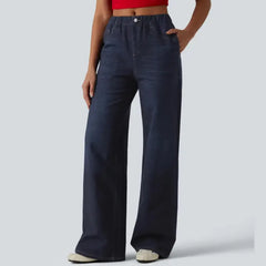 High Waist Faux Denim Wide Leg Trousers, Stretchy Elastic Waist Casual Pants
