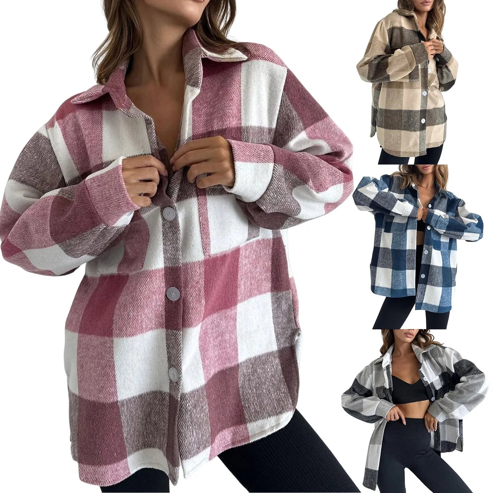 Grey Black Check Shacket, Loose Long Sleeve Plaid Shirt Jacket for Autumn