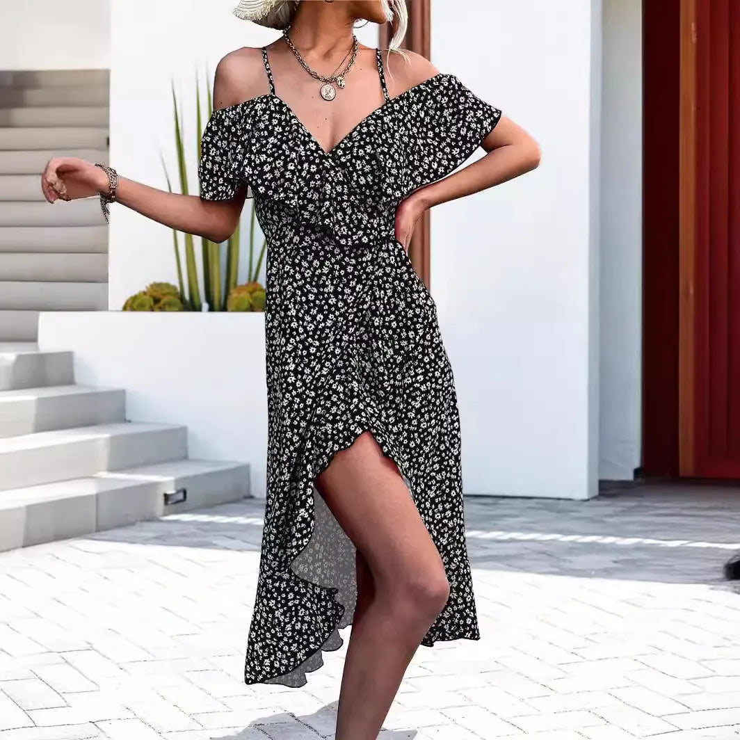 Off-Shoulder Ruffle Wrap Floral Midi Dress