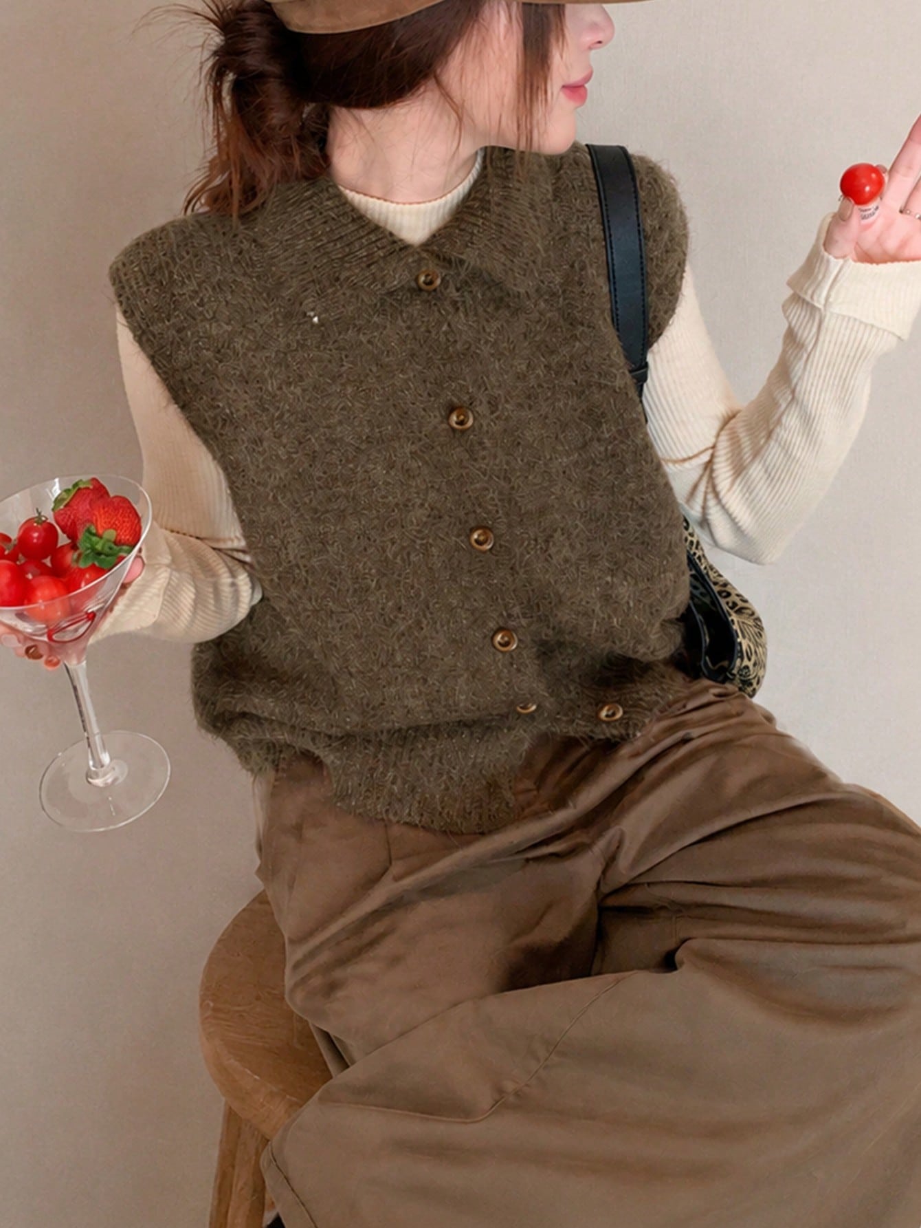 Brown Collared Button Knit Sweater Vest