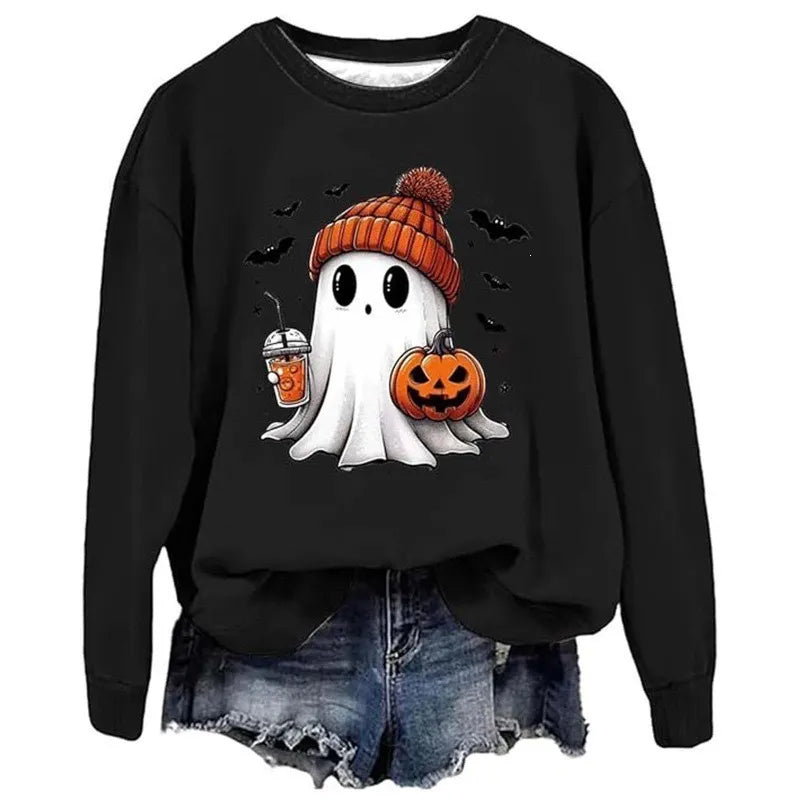 Halloween Ghost Pumpkin Print Crew Neck Sweatshirt