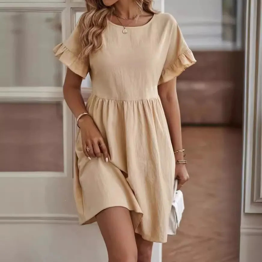 Crew Neck Ruffle Short Sleeve Mid Waist Loose A-Line Cotton Linen Mini Dress