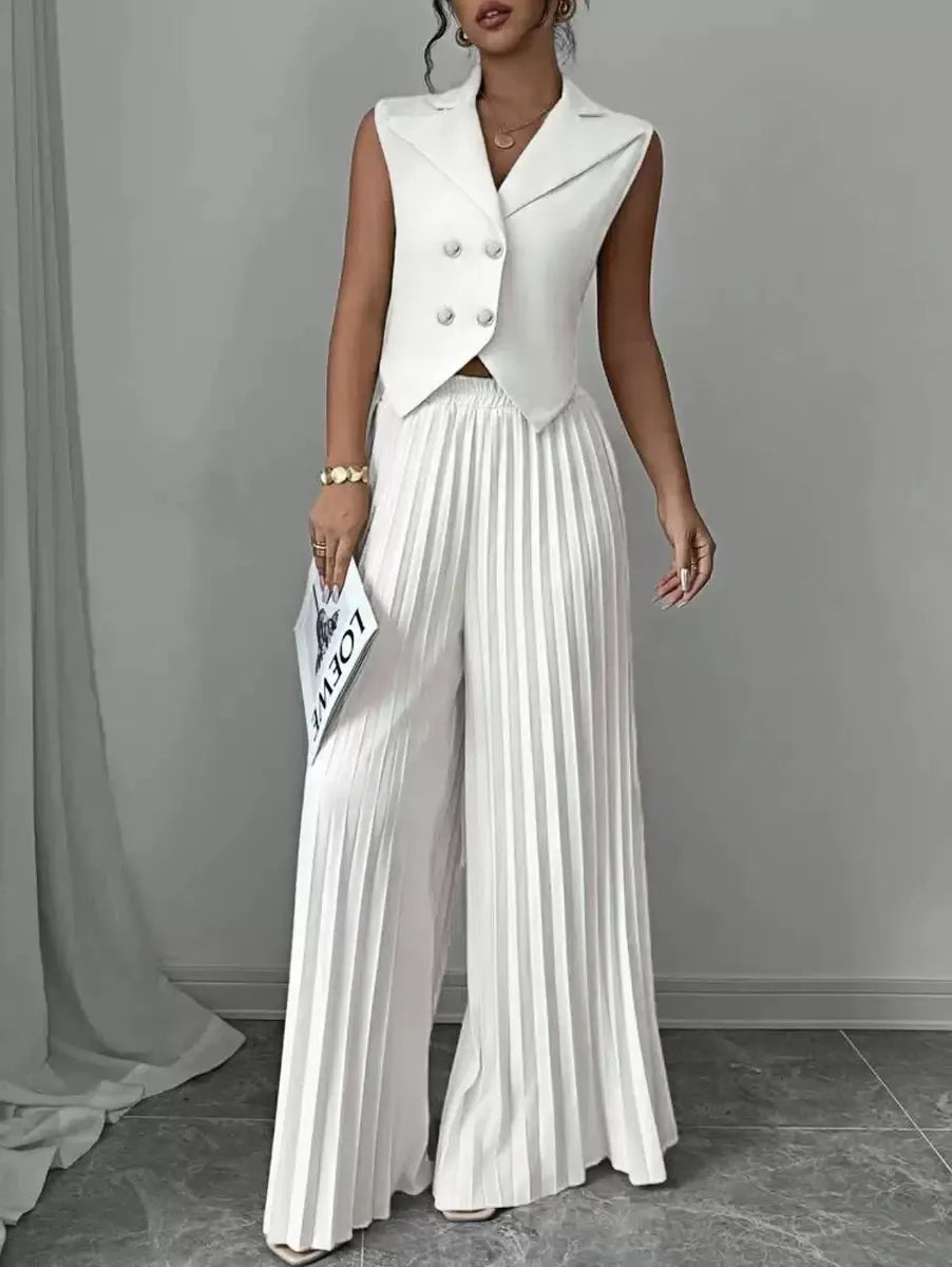 2 Piece Set Blazer Vest & Pleated Wide Leg Pants Outfit