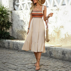Ethnic Embroidered Tie Strap Tiered Maxi Dress