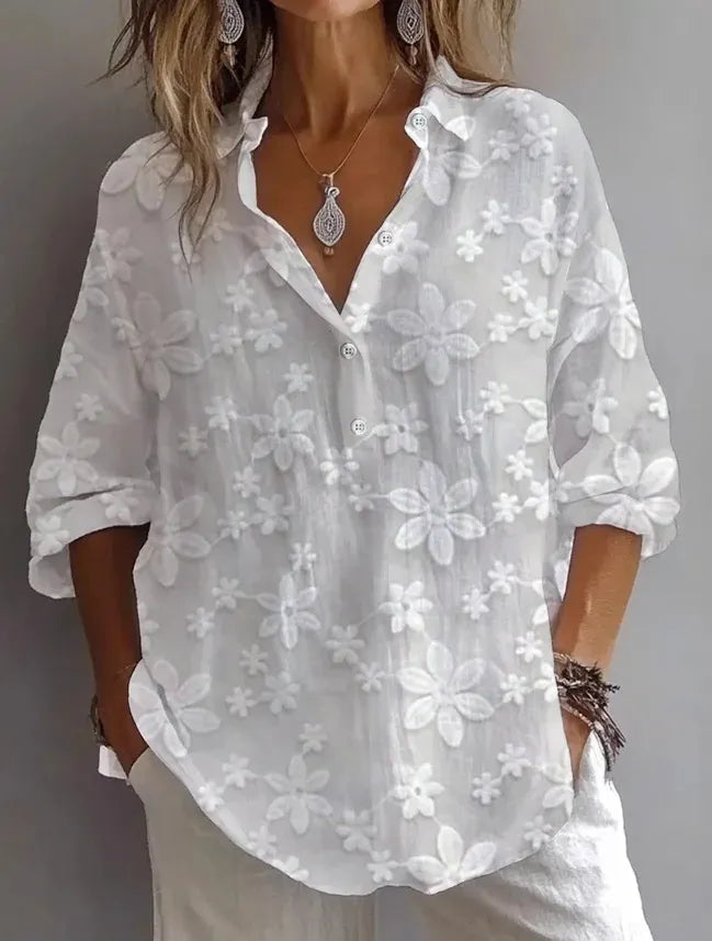 Floral Embroidery Button Down Casual Loose Shirt