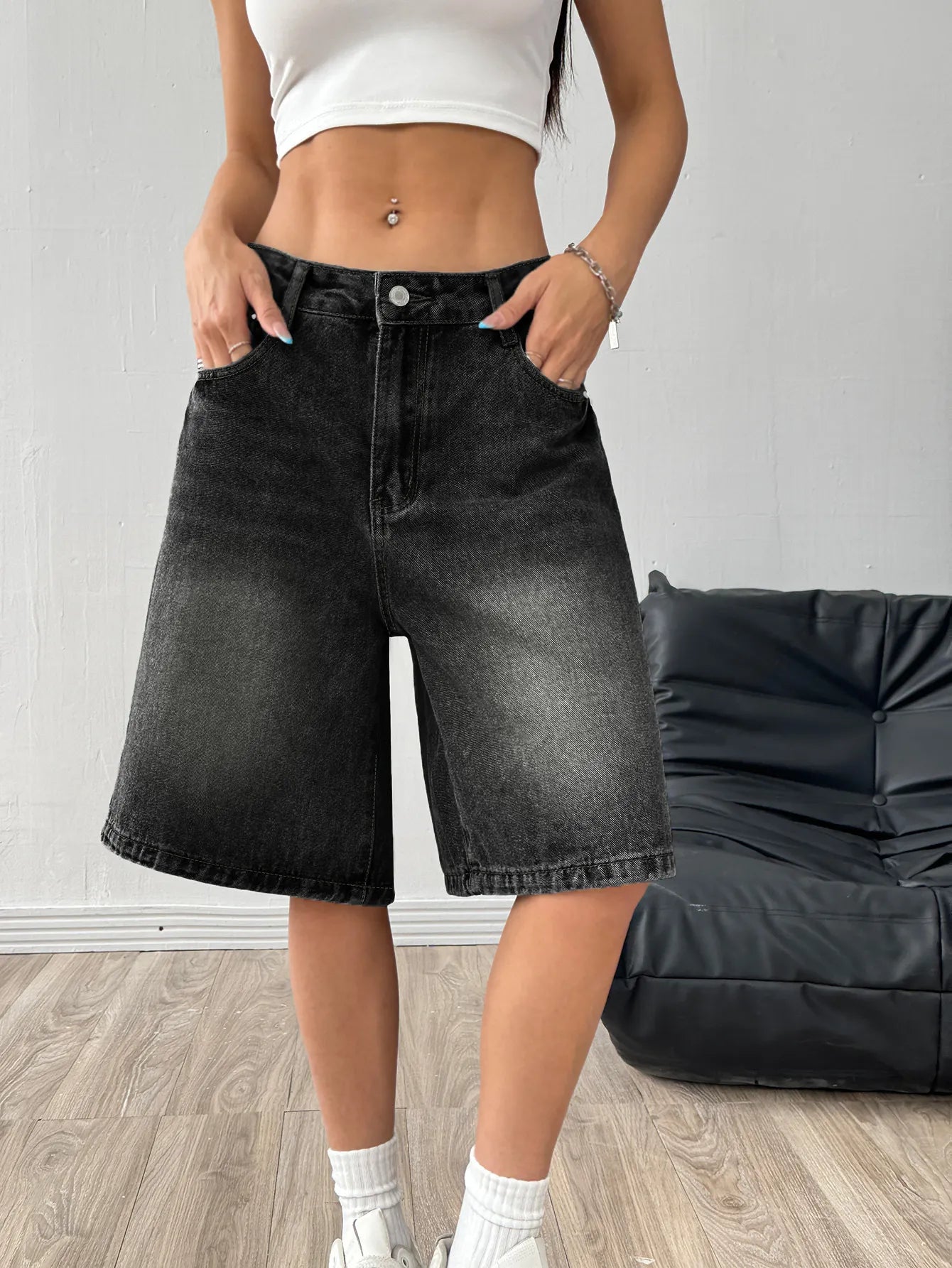 Mid Waist Washed Straight Leg Denim Bermuda Shorts