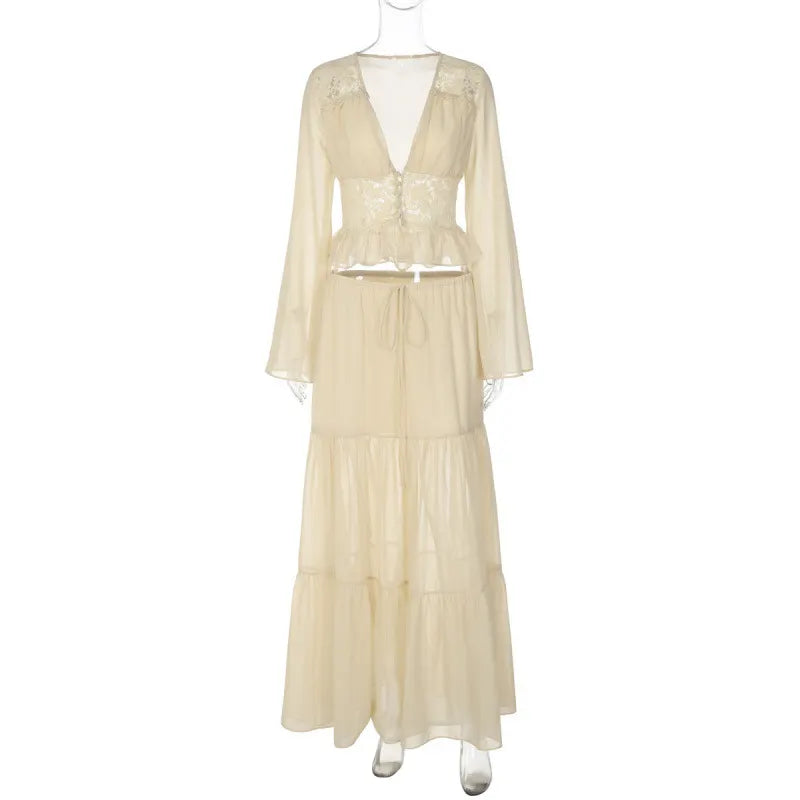Matching Flowy Linen Look Lace Spliced V-Neck Long Sleeve Chiffon Tiered Skirt Two Piece Casual Daily Outfit Set