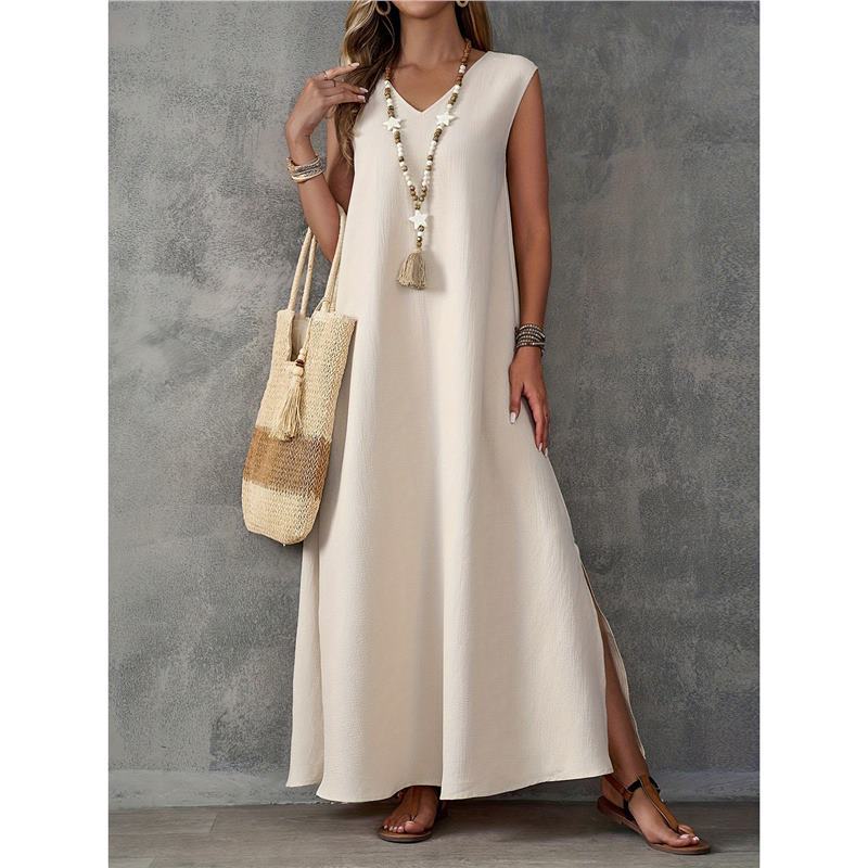 Solid V Neck Sleeveless Side Split Loose Maxi Dress