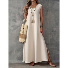 Solid V Neck Sleeveless Side Split Loose Maxi Dress