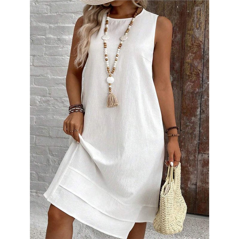 Round Neck Sleeveless Asymmetric Layer Hem Loose Linen Blend Casual Shift Dress