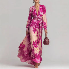 Pink Floral Deep V-Neck Belted Long Sleeve Maxi Dress
