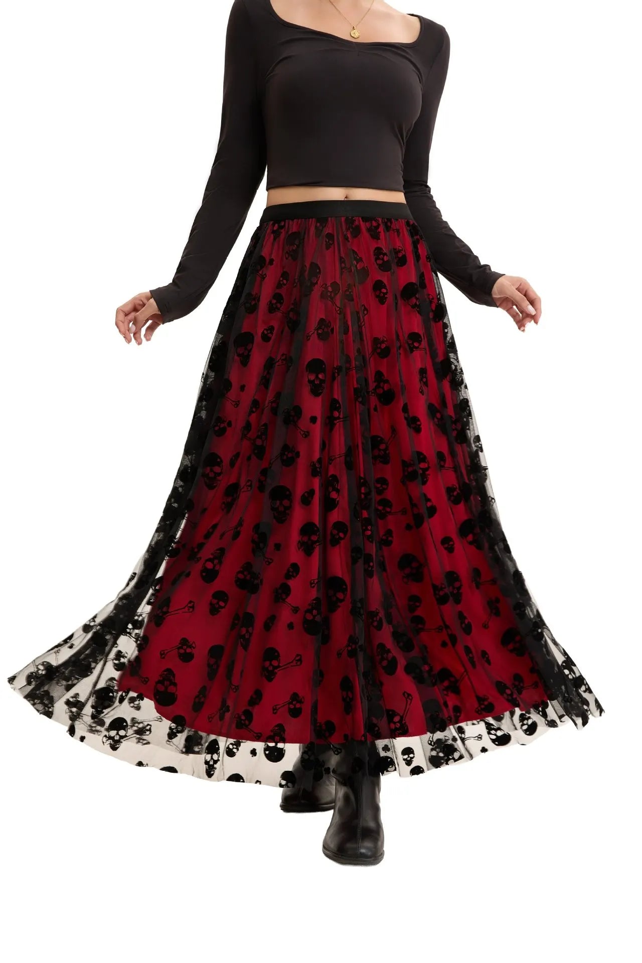 Halloween Red Base Skull Flocking Tulle Layered Midi Skirt