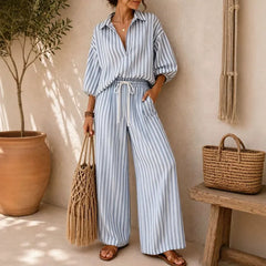 Vertical Stripe Lapel Shirt & Drawstring Wide Leg Pants