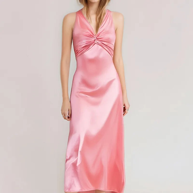 Twist-Front Satin Slip Midi Dress