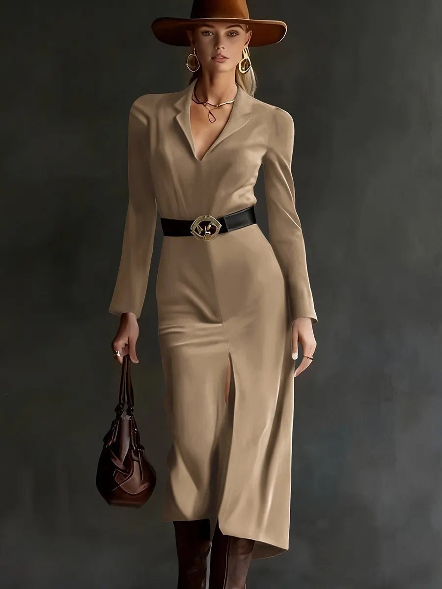Brown Suede Lapel Long Sleeve Midi Dress With Belt