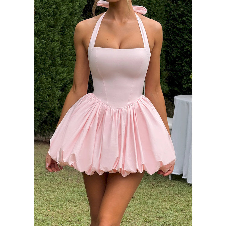 White Polka Dot Halter Neck Bubble Mini Dress